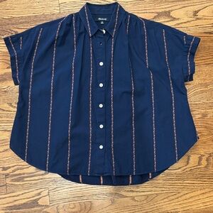 Madewell Navy Short-Sleeve Button-Down Shirt with Rust Stripes
